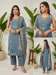 Embroidered Roman <b>Silk</b> Indian Pakistani Anarkali Salwar Kameez Set Sleeveless Neck Floral Cutwork Women's <b>Kurta</b> Palazzo Party - Product Image 2