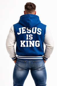 Nouvelle veste de baseball chrétienne pour homme avec capuche, bleu et blanc, broderie JESUS, boutons-pression, style streetwear - Product Image 5