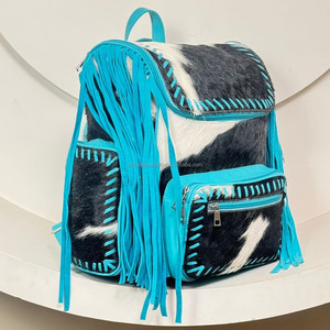 Nueva moda buen precio cuero de vaca genuino turquesa flecos bolsa de pañales personalización Premium grandes mochilas ocultas - Product Image 4