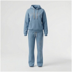 Women's Light Blue Hooded Tracksuit Set 2-Piece <b>Fleece</b> <b>Sweatshirt</b> and Jogger Pants with Geometric Design Casual Autumn Wear - Product Image 1