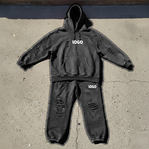 Custom Printed Two-Piece Solid Distressed <b>Pullover</b> Hoodie Straight Leg Flared Fleece-Lined Sweatpants Winter Streetwear - Product Image 2