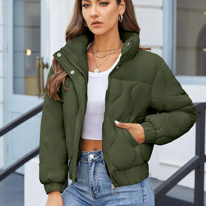 Women's <b>Cropped</b> Quilted <b>Puffer</b> <b>Jacket</b> Stand Collar Zip Snap Button Padded Bubble Coat Winter Outerwear Wholesale - Product Image 6