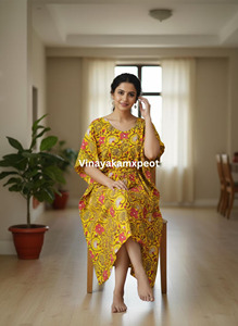 Kimono de Algodón Hecho a Mano para Mujer, Amarillo con Estampado Floral, Estilo Bohemio, Casual, Ecológico, Cintura Alta, Ropa de Resort, Midi - Product Image 5