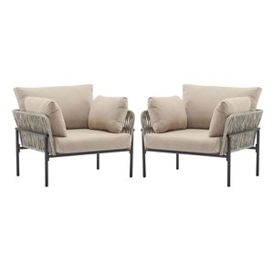 Set di 2 sedie lounge in ferro beige da 36 pollici con design in corda intrecciata e cuscini morbidi per il relax all'interno e all'esterno - Product Image 5