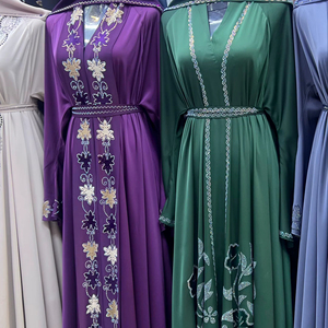 Wholesale Modest Dubai Beaded Sequined Long Sleeve Abaya Muslim Traditional Handmade Wedding Women Polyester Breathable V Neck - Product Image 1