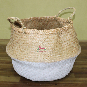 Panier en osier de feuille de palmier tissé à la main, organisateur de rangement décoratif naturel avec poignées pour le salon - Product Image 4