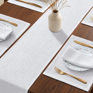 White Waffle Weave Table <b>Runner</b> and Placemat Set <b>Washable</b> Fabric Nordic Dining Decor - Product Image 1