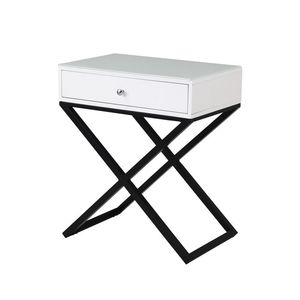 Comodino Koda da 23 pollici in legno bianco con piano in vetro, cassetto e base a croce in metallo - Product Image 2