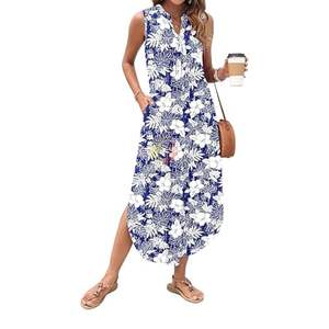 Vestido Largo sin Mangas Azul Marino con Estampado Floral, Estilo Camiseta con Bolsillos Laterales, Vestido Casual de Verano, Estampado Botánico, Tela Elástica, Ropa de Mujer - Product Image 1
