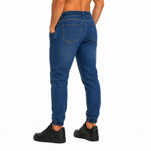 Wholesale <b>Men</b> Denim Jeans Elastic Waist Drawstring Cuffed Leg Soft <b>Stretch</b> Denim Jogger Trousers Washed Tone Denim Jeans - Product Image 6