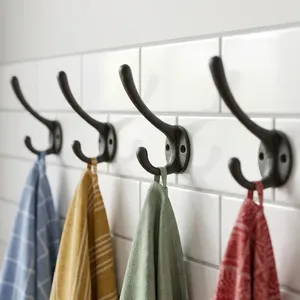 Minimalist Wooden Wall Mounted <b>Coat</b> <b>Rack</b> with 6 Black Cast Iron Hooks Eco-Friendly Space Saving Design - Product Image 3
