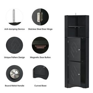 Tall Freestanding Bathroom Corner Cabinet with Adjustable Shelves and Doors MDF Board Black Storage Unit - Product Image 3