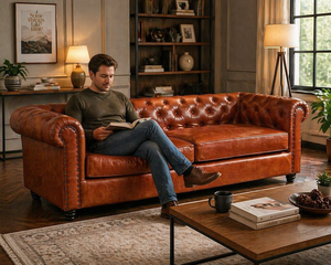 โซฟาหนังเชสเตอร์ฟิลด์ 3 ที่นั่ง โซฟาสีน้ำตาลแบบมีกระดุมติด พร้อมที่วางแขนแบบม้วน โครงไม้เนื้อแข็ง เฟอร์นิเจอร์ห้องนั่งเล่นสุดหรู - Product Image 6