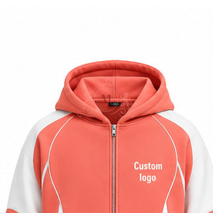 Custom Logo Coral White Color Blocking Tracksuit 100% Set Full <b>Zip</b> <b>Hooded</b> 450 Gsm Sweatshirt Pants - Product Image 2
