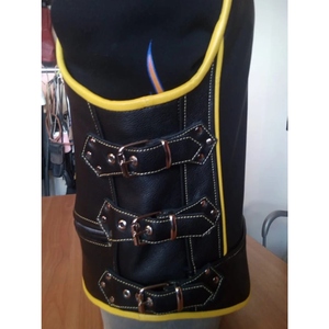 Custom <b>Black</b> Leather Motorcycle Biker <b>Vest</b> with Yellow Piping, Buckle Closures, Shoulder Straps and Multiple Zipper Pockets - Product Image 4