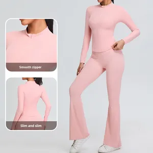 Nuevo Conjunto de Yoga de Dos Piezas para Mujer, Otoño-Invierno, de un Solo Hombro, Ajustado, Manga Larga, Color Sólido, Antibacteriano, con Pantalones Anchos Ligeramente Acampanados - Product Image 1