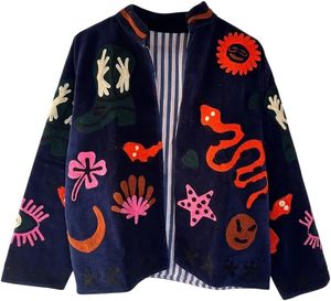 Handmade Suzani Embroidered Eco-Friendly Quilted Cotton <b>Jacket</b> <b>Kantha</b> Stitch Bohemian Floral Pattern Lightweight Stand Collar - Product Image 1