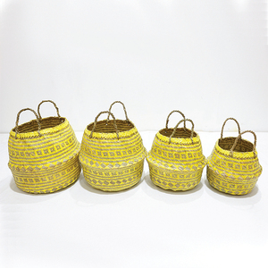 New Design Circle Durable Palm Leaf Belly <b>Basket</b> Yellow Woven Storage Bin <b>Foldable</b> with Handle - Product Image 2