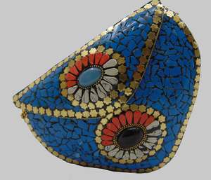 Pochette de soirée bohème en mosaïque bleue faite à la main, imperméable, avec perles florales en pierre, garniture dorée et chaîne, capacité jusqu'à 1L - Product Image 6