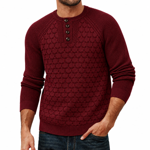 Pull Henley pour homme TESSUTO en tricot texturé nid d'abeille hexagonal, manches raglan, couleur bordeaux, manches gaufrées, fermeture boutonnée - Product Image 1