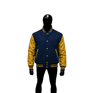 Chaqueta Universitaria Azul Marino Personalizada con Mangas Amarillo Dorado, Chaqueta Clásica de Béisbol Estilo Letterman para Hombre, Venta al Por Mayor - Product Image 1