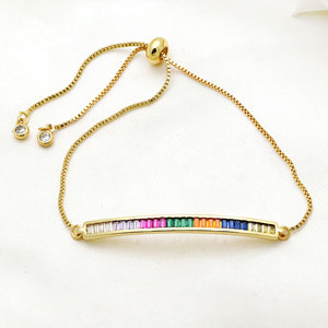 Wholesale 925 Sterling Silver Rainbow CZ Bar <b>Bracelet</b> <b>Gold</b> Plated Multi Color Baguette <b>Adjustable</b> Slider Chain Jewelry - Product Image 2