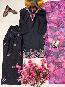 Salwar Kameez en Georgette brodé noir et rose, tenue traditionnelle indienne pour mariage et soirée, pour femmes, coupe ample de haute qualité - Product Image 2