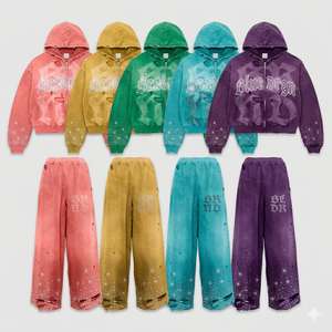 Custom Men's Rhinestone Graphic Tracksuit <b>Set</b> Zip Up Hoodie Distressed Jogger Pants Streetwear Vintage Washed Training Suit - Product Image 1