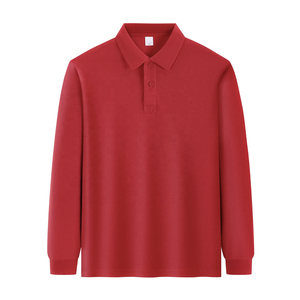 Polo de Manga Larga para Hombre, Color Rojo Sólido, Algodón Piqué, Ropa Casual, Diseño Antiarrugas de Punto - Product Image 1