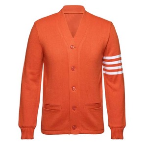 Women's Orange <b>Knitted</b> <b>Cardigan</b> Long Sleeve V-Neck Solid Color Casual Button Front Sweater With <b>White</b> Stripes On Sleeve - Product Image 1