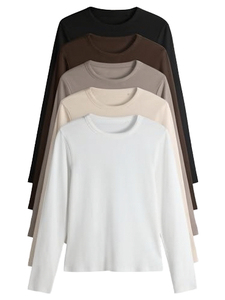 Camiseta de Manga Larga para Mujer, sin Tirantes, Ajustada, Estilo Vintage, Transpirable, de Spandex, Tejida, de Color Sólido, para Primavera, en Blanco, Beige, Marrón y Negro - Product Image 2