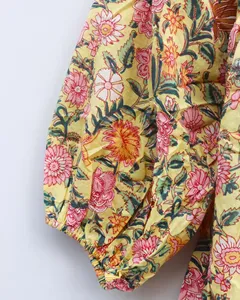 Vestido Mini Casual de Verano para Mujer, Estilo Boho, Amarillo, de Algodón, con Estampado Floral a Mano, Cuello con Lazos, Manga Abullonada, Corte Holgado - Product Image 3