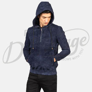Veste Anorak à Capuche Homme en Daim Bleu Marine, Coupe Slim, Décontractée, Demi-Zip, en Daim Véritable Doux, Tendance - Product Image 1