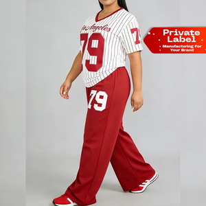 Plus Size - New Spring <b>Summer</b> Fashion Printed Short Sleeve V-Neck Striped Top And Straight Printed Long <b>Pants</b> - Product Image 1