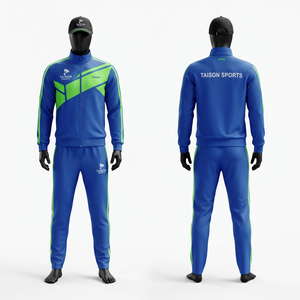 Survêtement de badminton en tricot polyester 300g de qualité supérieure, panneaux bleus et verts, logo personnalisé par transfert thermique, imperméable, coupe-vent, doublure polaire - Product Image 1