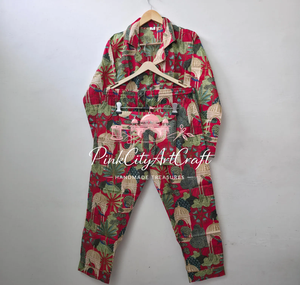 Premium Women's Red Cotton Summer Pajama Set Two-Piece Nightwear Full-Sleeve Button Shirt Comfortable Matching <b>Trousers</b> - Product Image 2