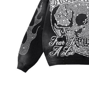 Custom Sweat <b>Suit</b> With Distressed Embroidery and Rhine stone Zip Up Hoodie Sweat Pant 500GSM 100% Cotton Fleece - Product Image 5