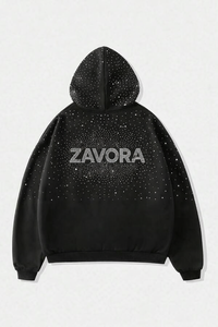 เสื้อฮู้ดซิปผ้าฝ้ายฟลีซหนาน้ำหนัก 300 กรัม ประดับเพชรเต็มตัว ทรงโอเวอร์ไซส์ สไตล์สตรีทแวร์ สำหรับผู้ชาย แบรนด์ ZAVORA รับผลิตเสื้อผ้าจำนวนมาก - Product Image 3