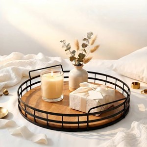 Wood & Iron Round Serving <b>Tray</b> for <b>Tea</b> Coffee Snacks Breakfast Decorative <b>Tray</b> for Dining Table Kitchen Counter Living Room - Product Image 4