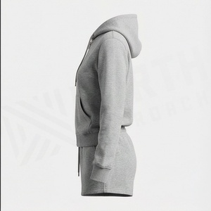 Conjunto de Sudadera con Capucha y Pantalones Cortos de 2 Piezas para Mujer, Color Gris Sólido, Felpa, Ropa Casual, Largo por Encima de la Rodilla, Corte Regular - Product Image 3