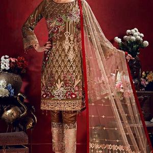 2021 Vente chaude robe en georgette marron avec broderie de fil lourd Saree traditionnel et Salwar Kameez fabriqué à partir de rayonne de soie - Product Image 1