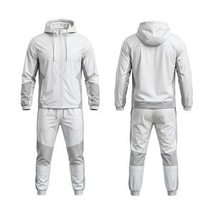 White Textured Stitching Hooded Full Zip Breathable Blank <b>Tracksuit</b> Breathable Jacket Pants Combo Lightweight <b>Tracksuits</b> - Product Image 1