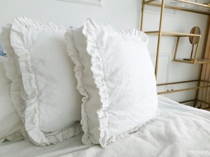 White Square Cushion Cover With Ruffle Edge 100% Linen Envelope Closure Classic Style Home <b>Decor</b> <b>Pillow</b> Case - Product Image 3