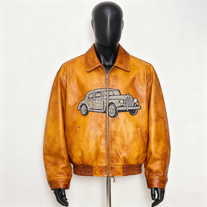 Chaqueta de Cuero Estilo Bomber, Cuello Camisero, Cierre de Cremallera, Bordado a Mano con Cuentas, Estilo Vintage, Chaquetas de Cuero Personalizadas - Product Image 6