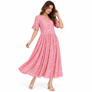 Vestido Maxi Estampado Estilo Preppy de Rayón Tejido SKL-0102, Transpirable, con Cuello en V y Mangas Abullonadas - Product Image 2