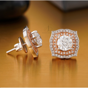 2.57 CT Two-Tone Double Halo Stud <b>Earrings</b> Trendy White Yellow Rose Gold with Lab Grown Diamonds 14K Gold Good Cut IGI Certified - Product Image 2