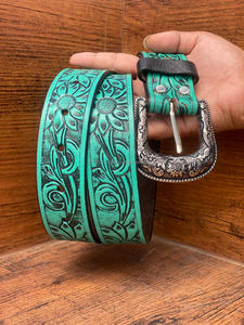 Cinturones florales pintados turquesa hechos a mano de cuero genuino occidental novedad - Product Image 4