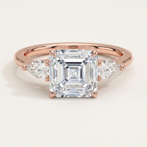 Anillo de tres piedras con diamante de corte Asscher de 3 quilates en oro amarillo con piedras laterales en forma de pera, joyería clásica de compromiso para mujer, diseño personalizado. - Product Image 3