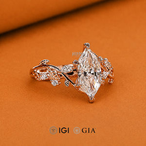 Bague de fiançailles inspirée de la nature avec diamant de laboratoire taille marquise néerlandaise, motif feuilles et pétales, bague de mariage artisanale - Product Image 2