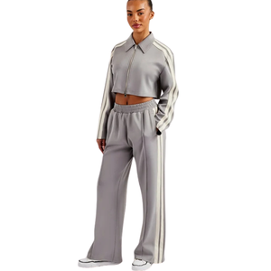 <b>Womens</b> Cropped Full Zip Tracksuit Set Stand Collar Sleeve <b>Stripes</b> Wide Leg <b>Trousers</b> Drawstring Waist Two Piece Streetwear Outfit - Product Image 1